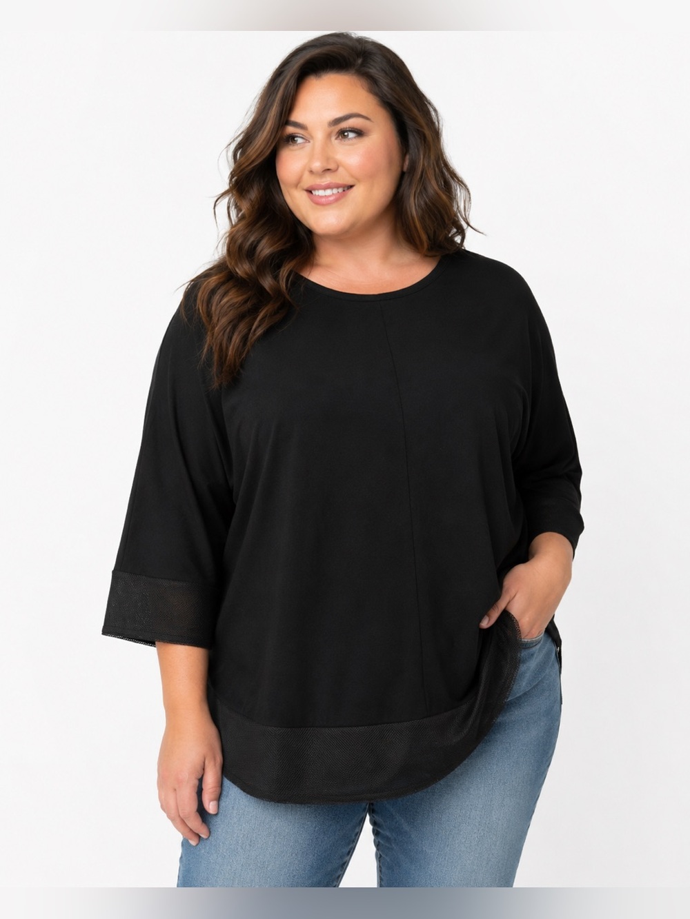 Anne Klein Womens Mesh Accent Bell Sleeved Blouse in Classic Black Sz 2X